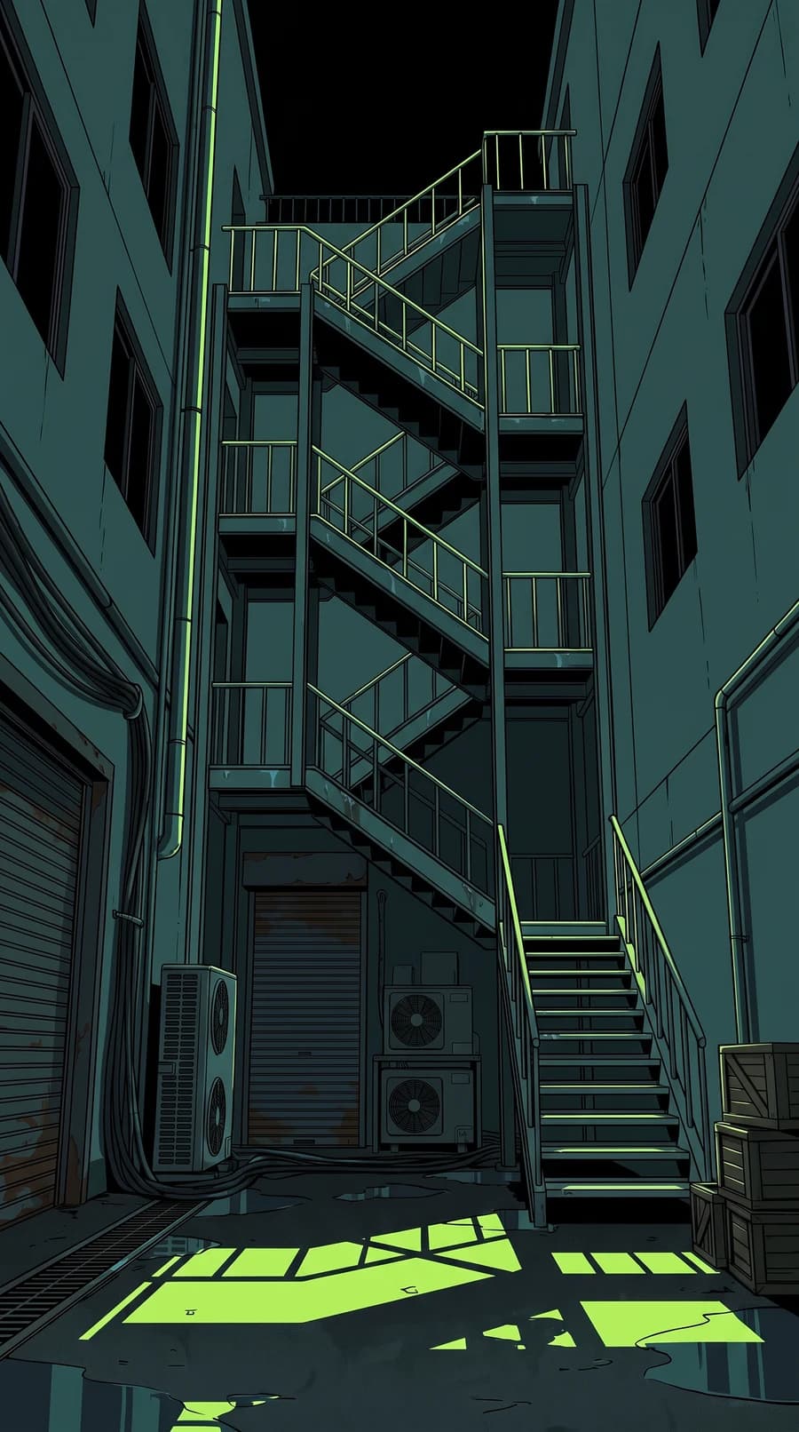 A fire escape climbing an alley, lit acid green from above
