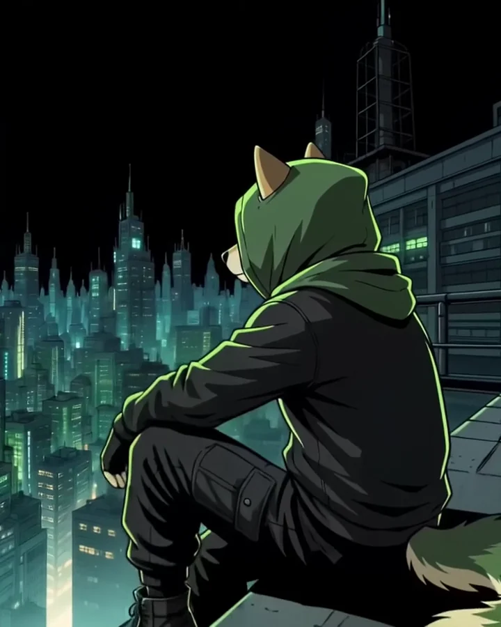 Shibinhood sitting on a rooftop parapet looking out over the city