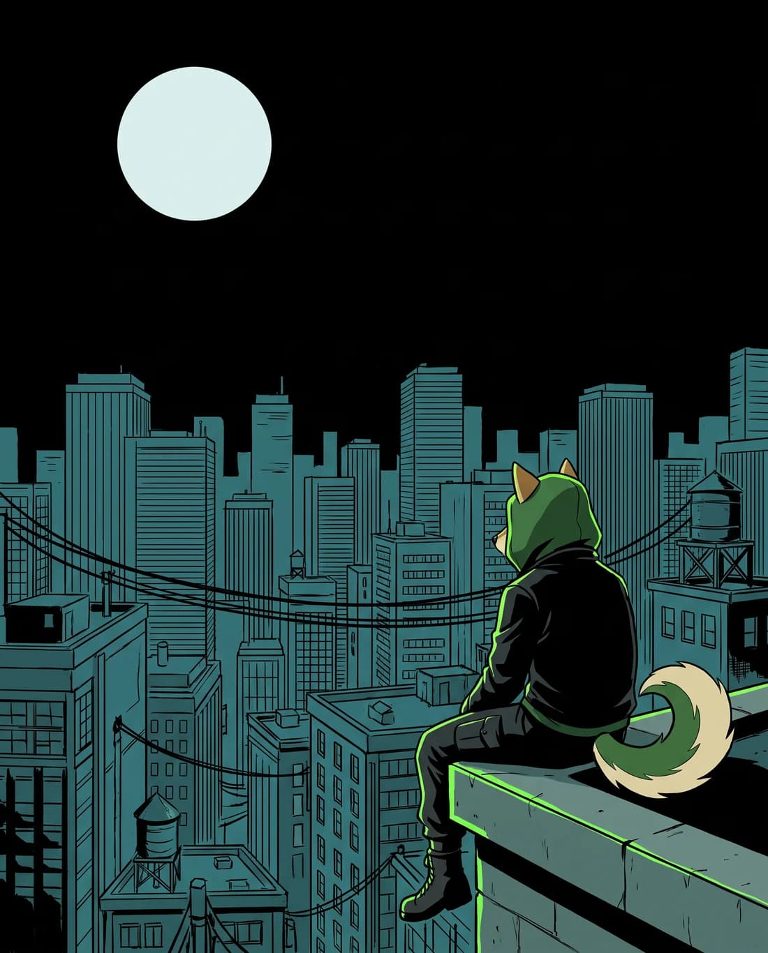 Shibinhood sitting on a rooftop ledge above the city, under a full moon