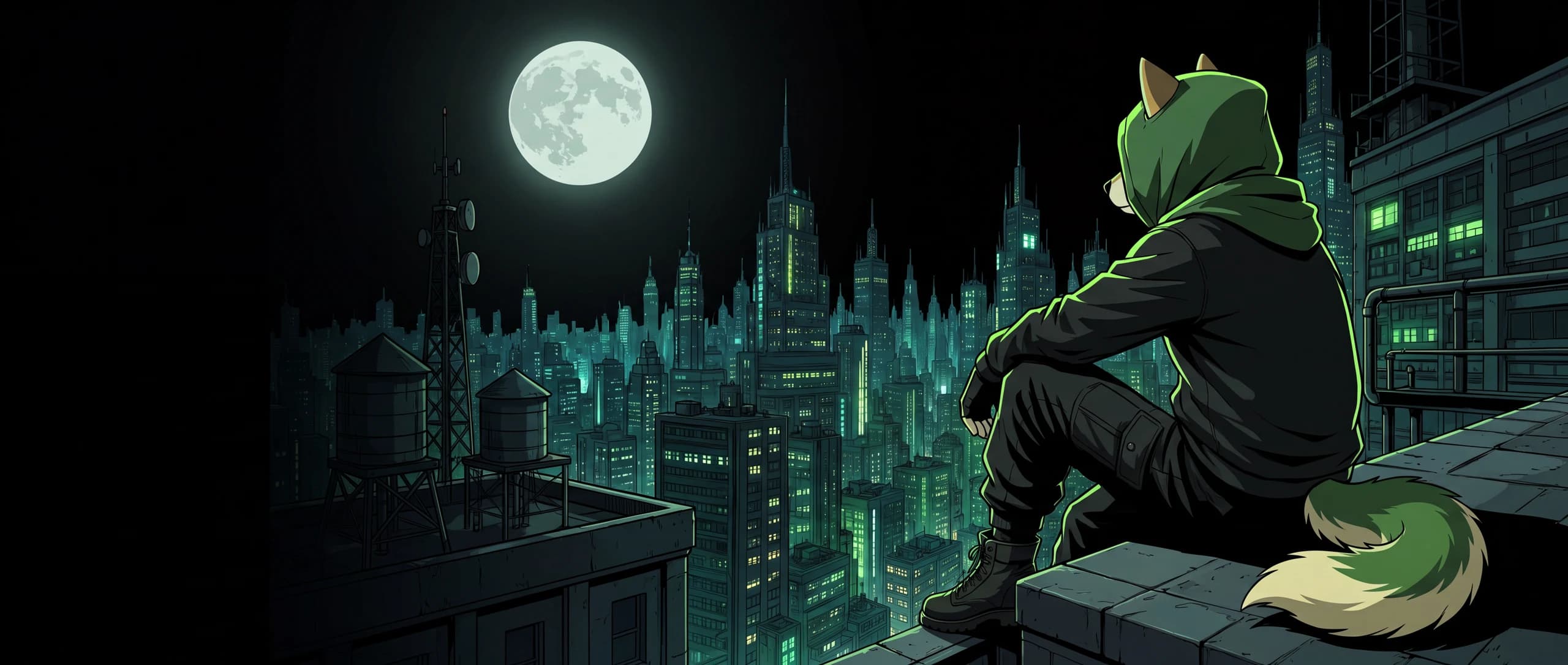 Shibinhood sitting on a rooftop ledge above the lit towers of the city, under a full moon