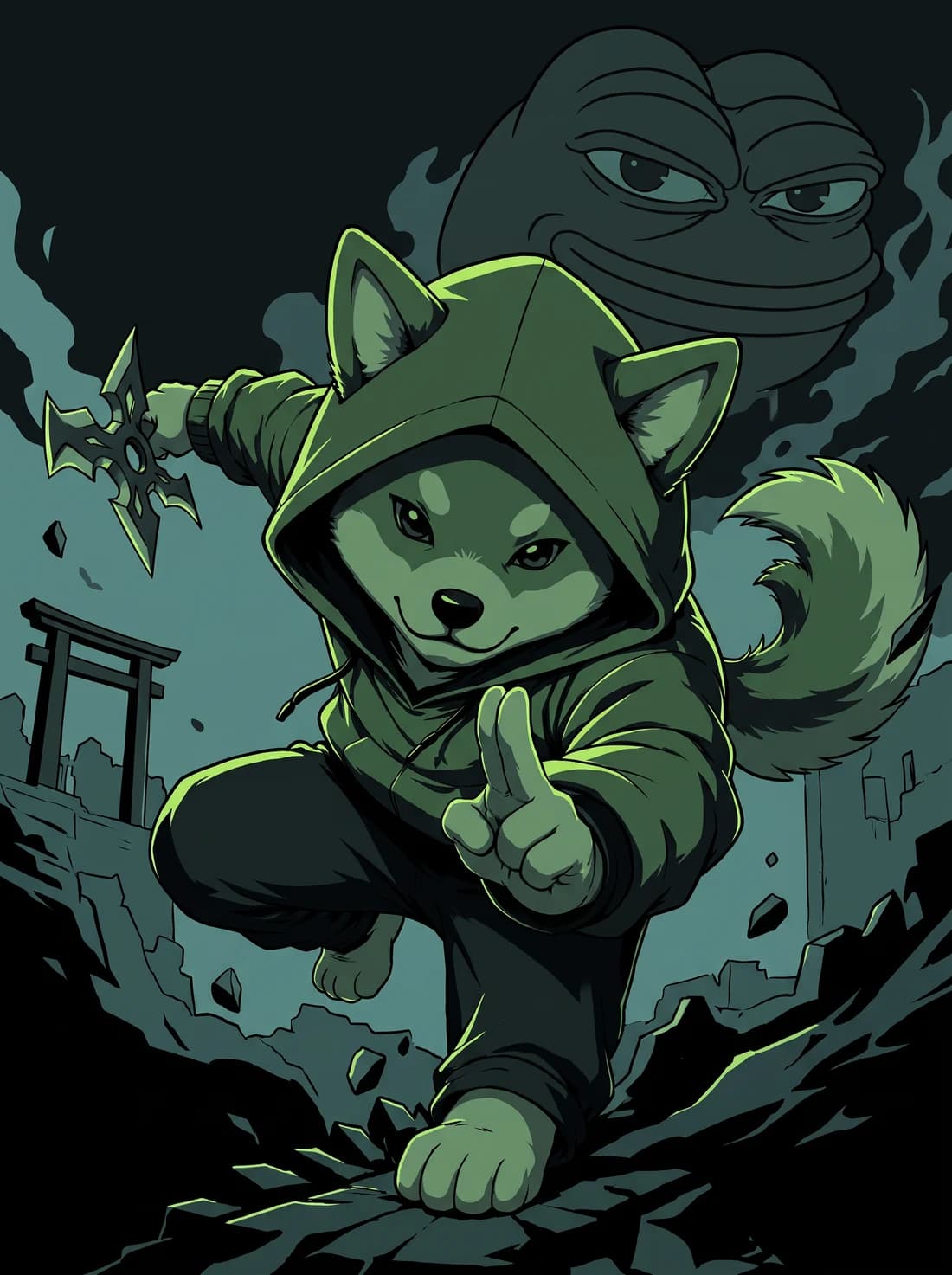 Shibinhood mid leap with a shuriken, a torii gate standing in the ruins behind him