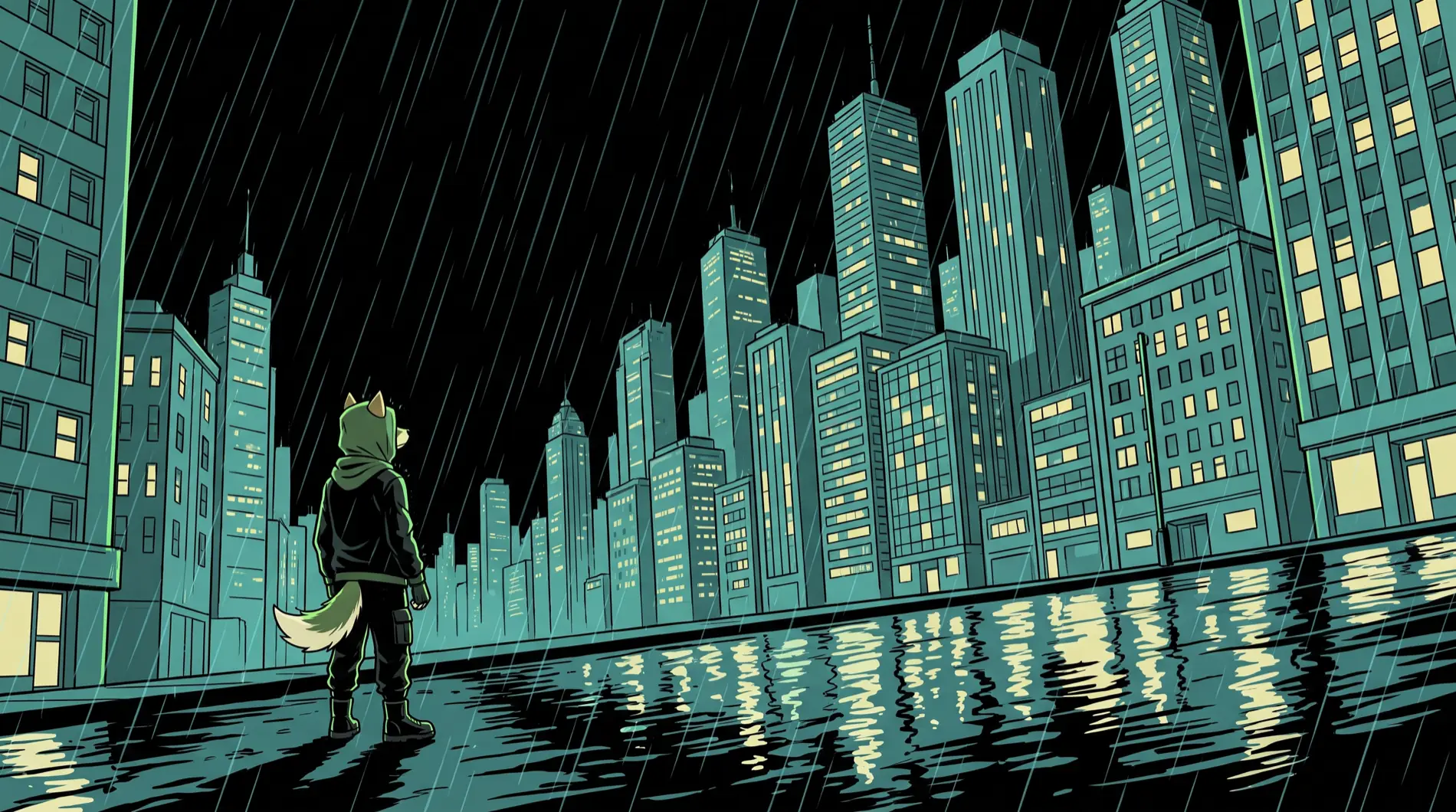 Shibinhood standing alone in a flooded street at night in heavy rain, looking up at the towers